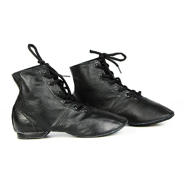 Leather Black Practice Dancing Shoes Jazz Boots Soft-Soled High Boots, Black