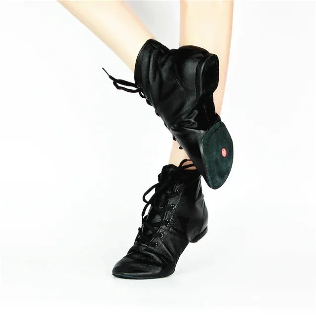 Leather Black Practice Dancing Shoes Jazz Boots Soft-Soled High Boots, Black