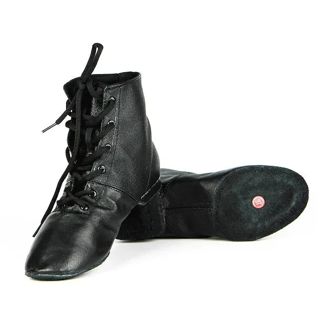 Leather Black Practice Dancing Shoes Jazz Boots Soft-Soled High Boots, Black