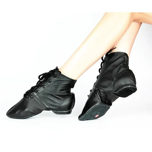 Leather Black Practice Dancing Shoes Jazz Boots Soft-Soled High Boots, Black