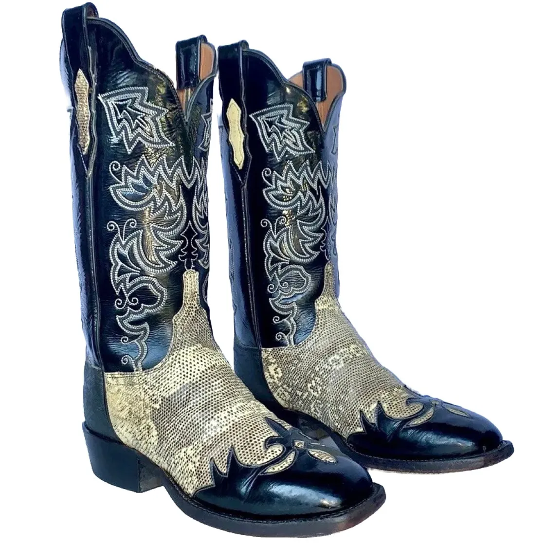 LUCCHESE Cowgirl Ring Lizard Exotic Handmade Tall Black Leather Western Cowgirl Cowboy Boots