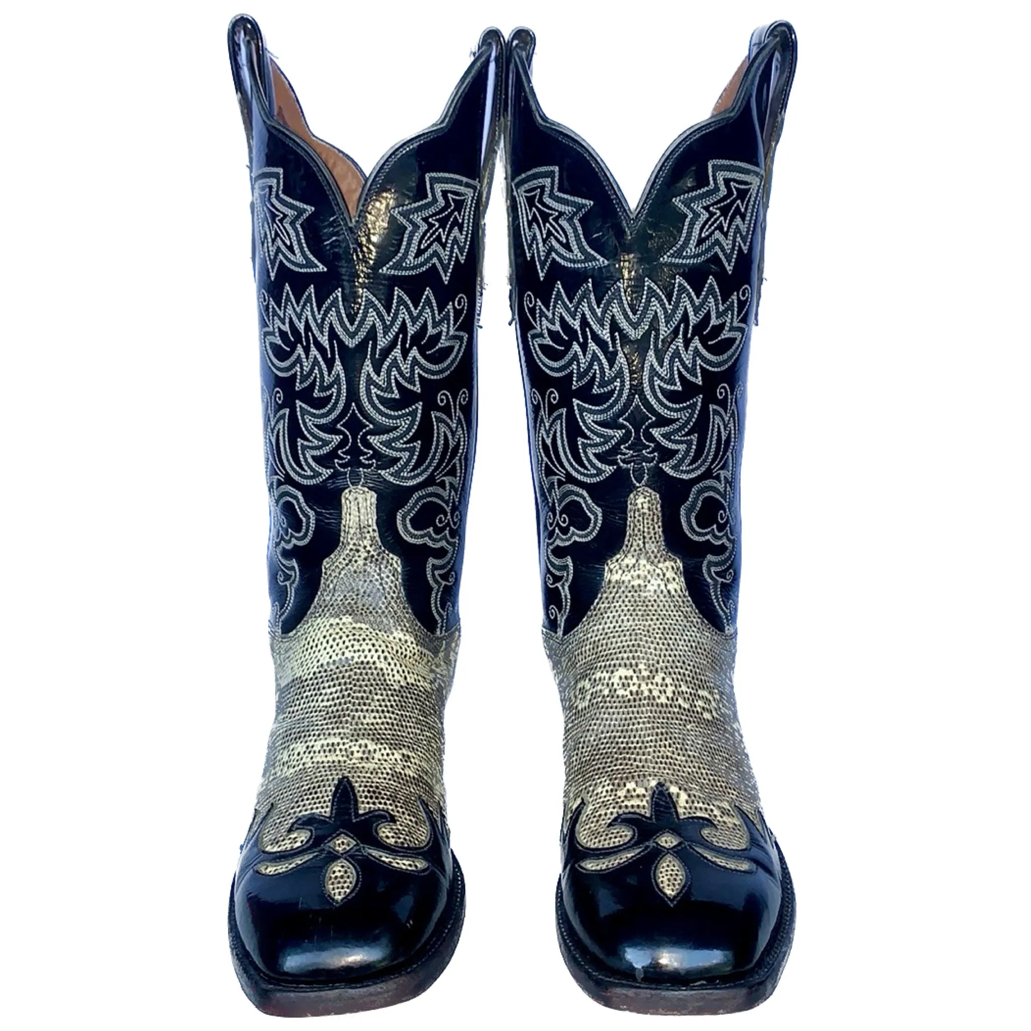 LUCCHESE Cowgirl Ring Lizard Exotic Handmade Tall Black Leather Western Cowgirl Cowboy Boots