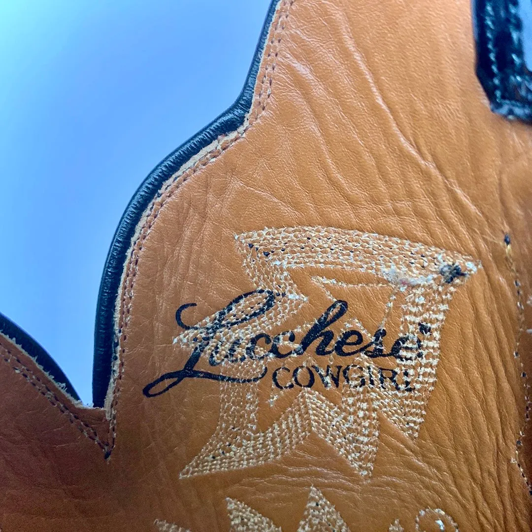 LUCCHESE Cowgirl Ring Lizard Exotic Handmade Tall Black Leather Western Cowgirl Cowboy Boots