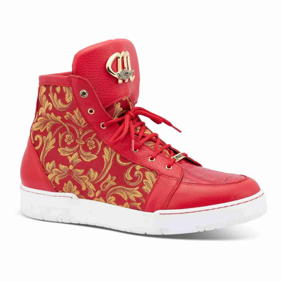 Mauri 8437 Red/Gold Baby Crocodile   Fabric High-Top Sneakers