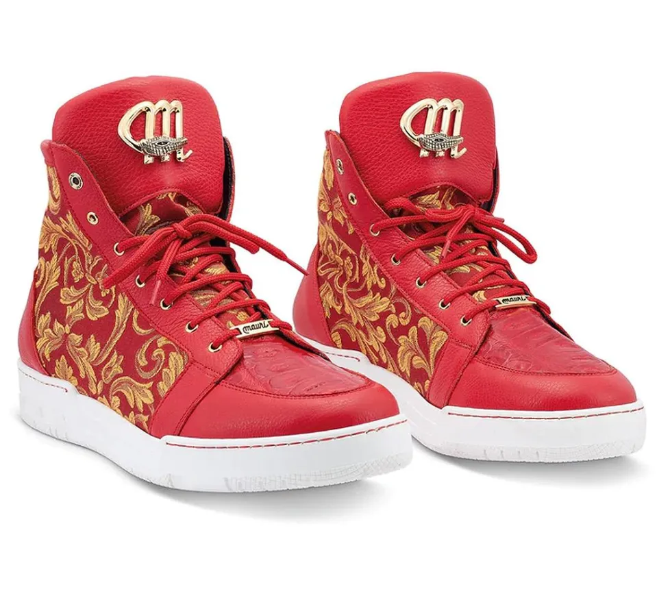 Mauri 8437 Red/Gold Baby Crocodile   Fabric High-Top Sneakers