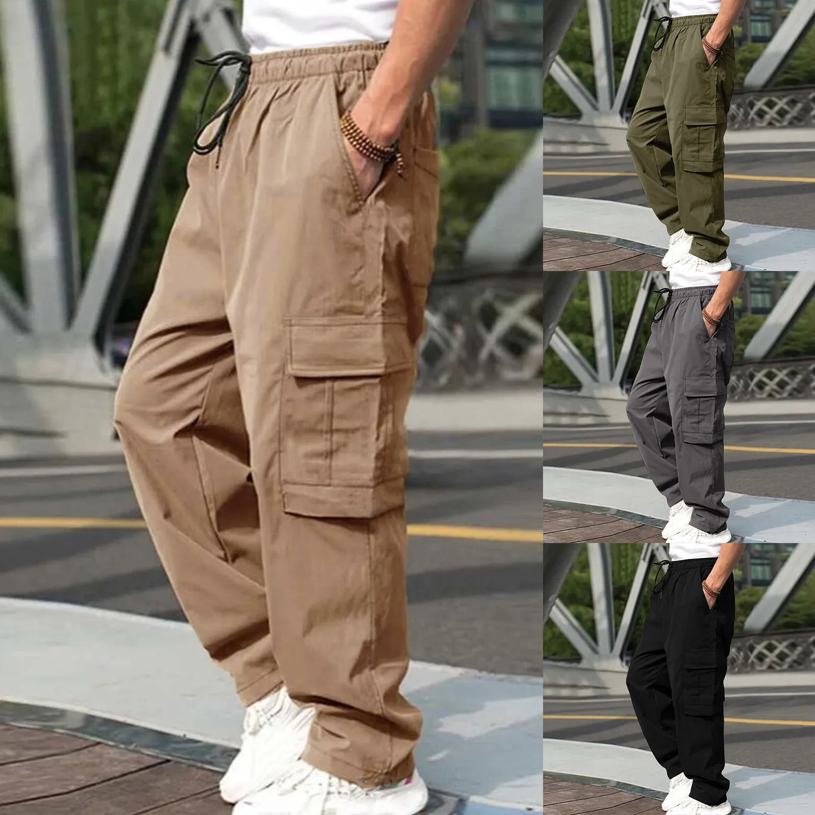 Men-Loose Straight Drawstring Cargo pants Trousers