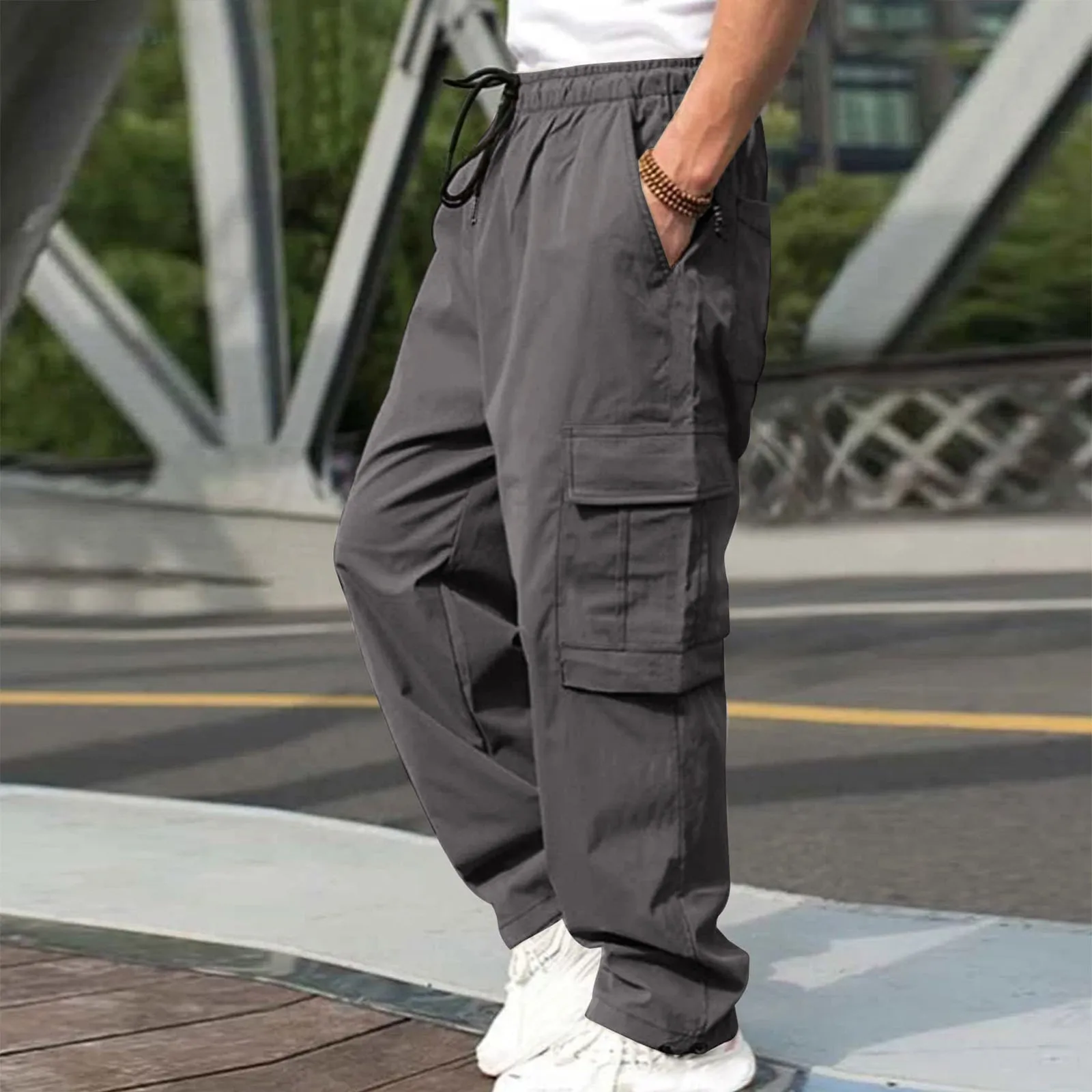 Men-Loose Straight Drawstring Cargo pants Trousers