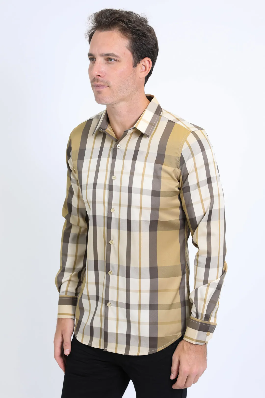 Mens Checkered Long Sleeve Beige Shirt