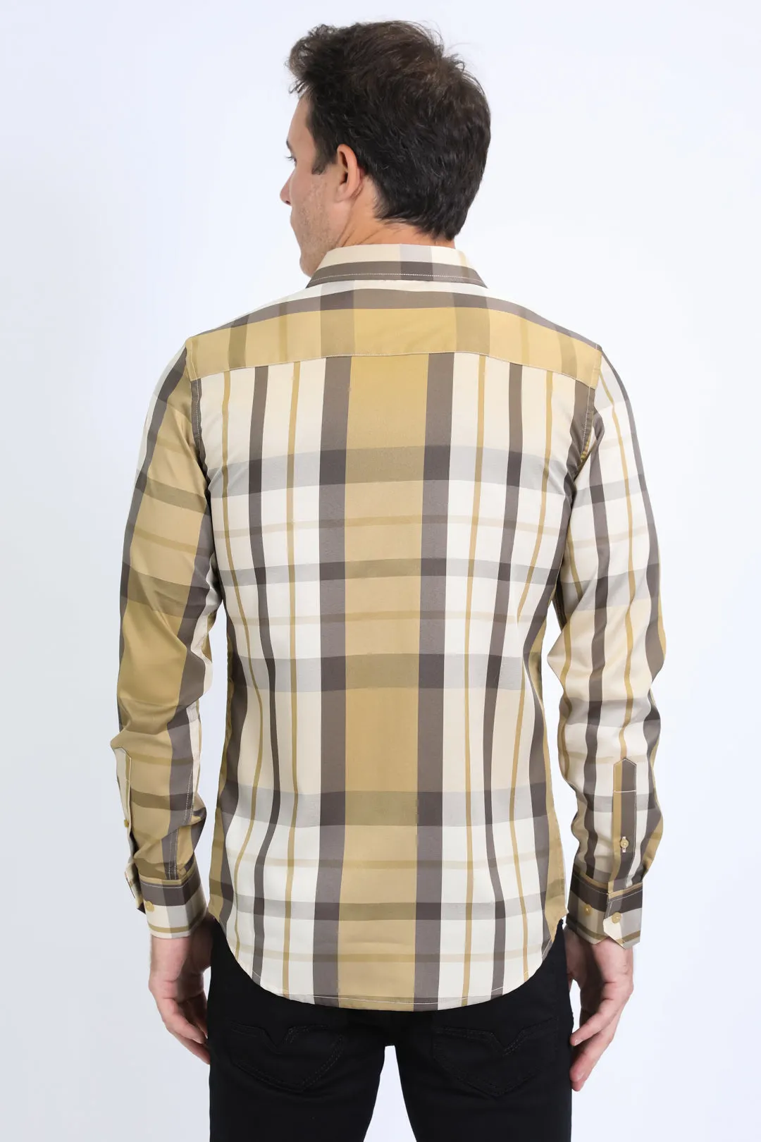 Mens Checkered Long Sleeve Beige Shirt