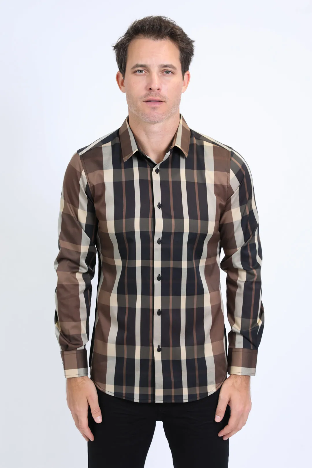 Mens Checkered Long Sleeve Black/Brown Shirt