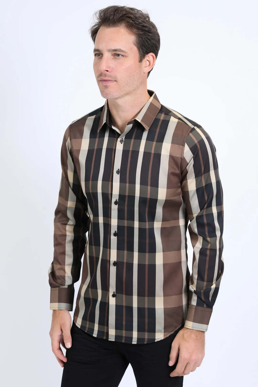 Mens Checkered Long Sleeve Black/Brown Shirt