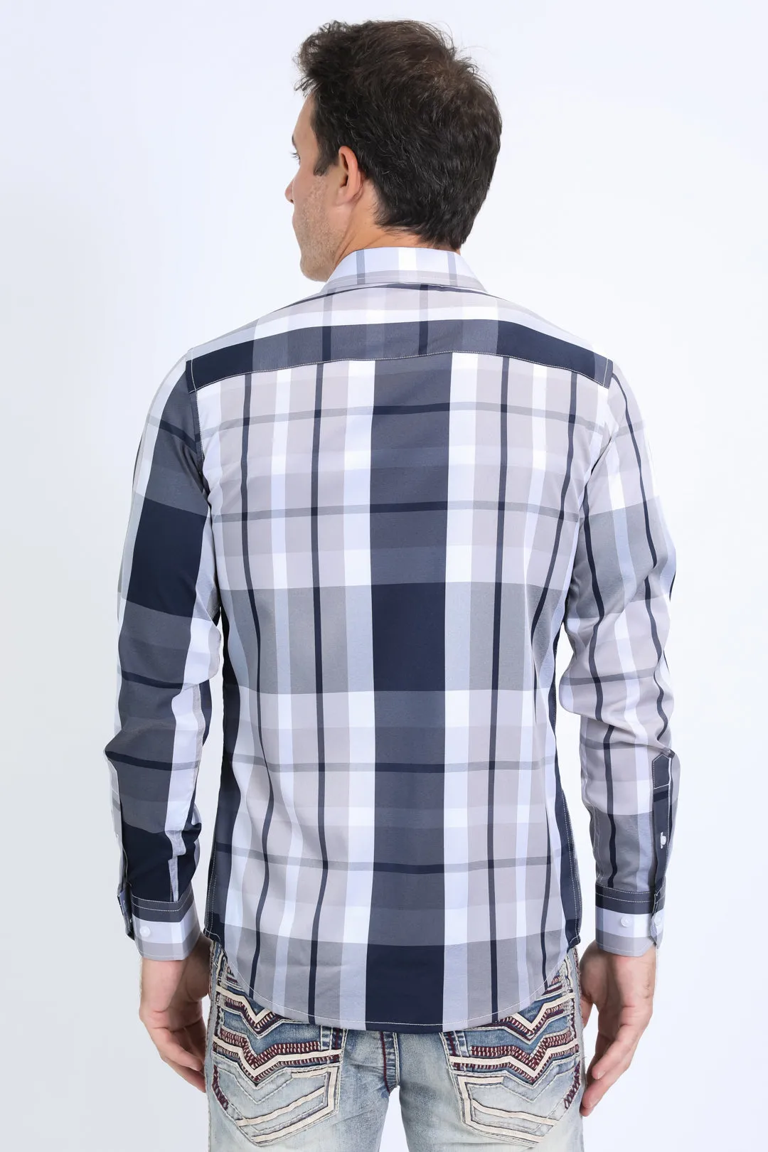 Mens Checkered Long Sleeve Grey Shirt