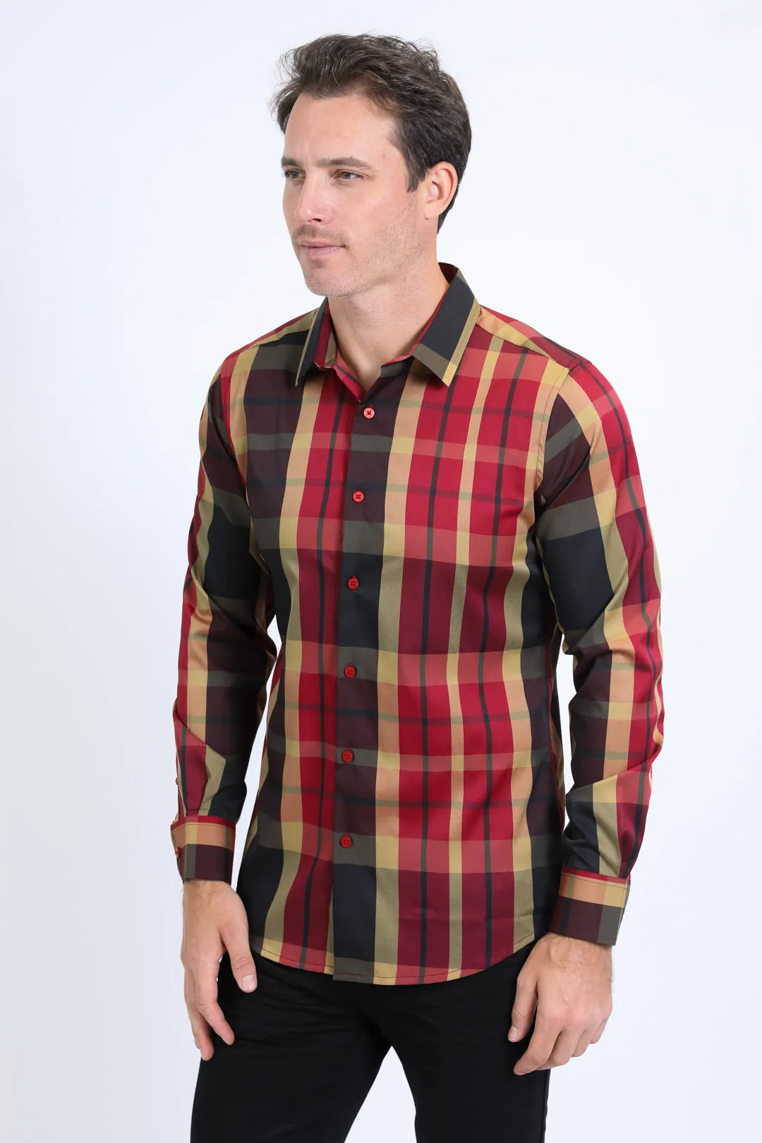 Mens Checkered Long Sleeve Red Shirt