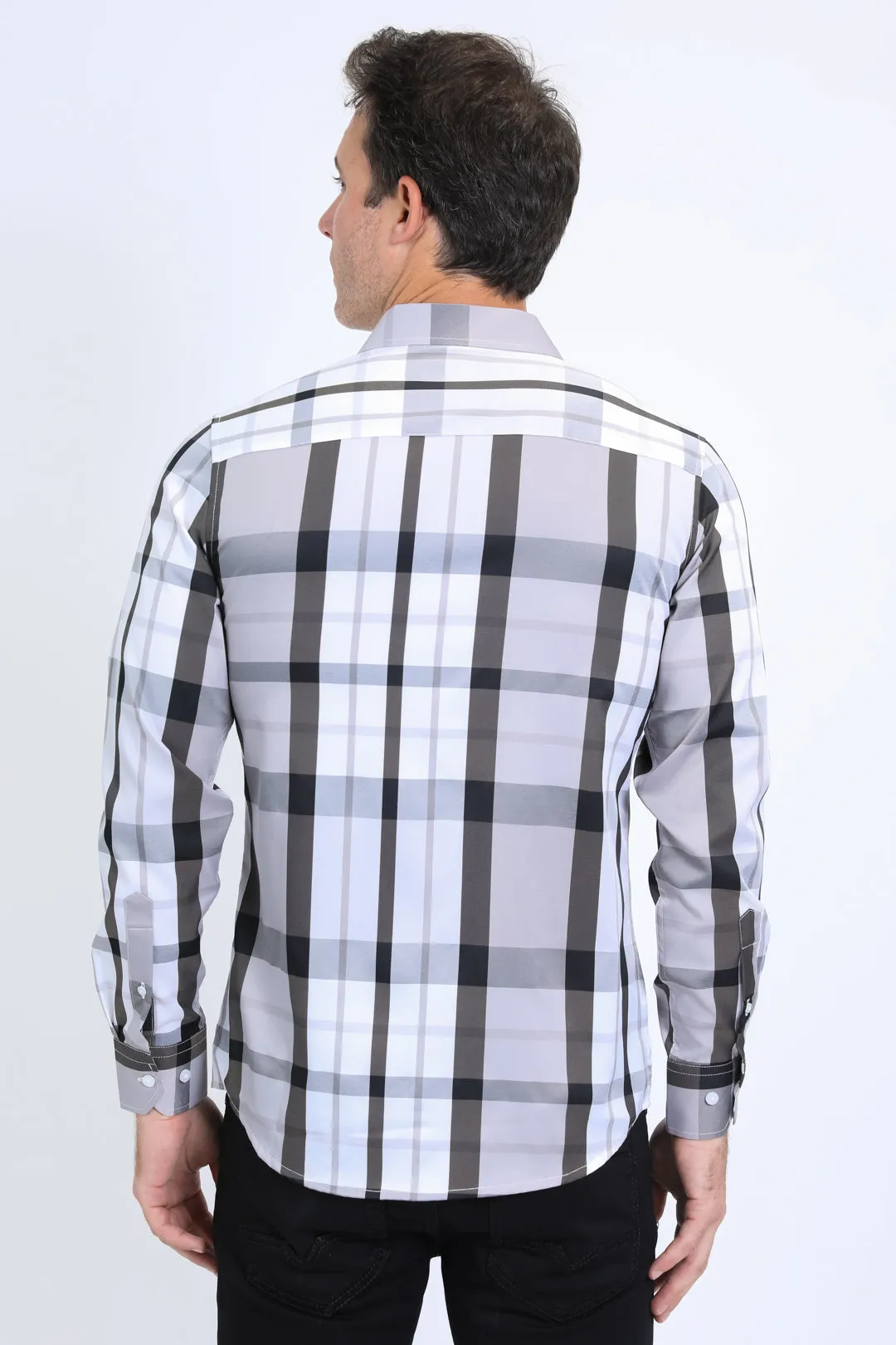 Mens Checkered Long Sleeve White Shirt