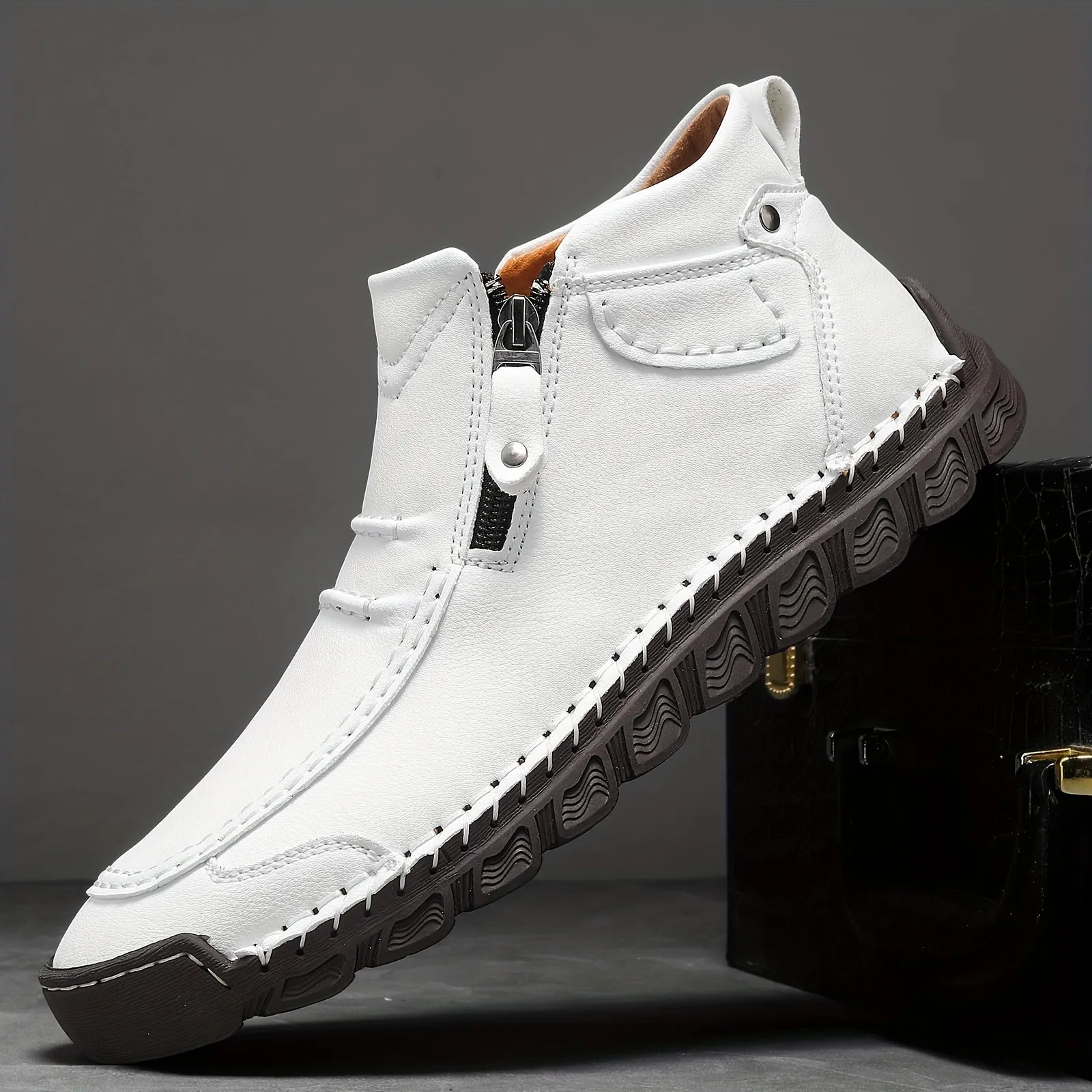 Men's Vintage-Inspired High-Top Boots - Casual Outdoor Work Shoes with Zip Closure, Rubber Sole & Microfiber Lining