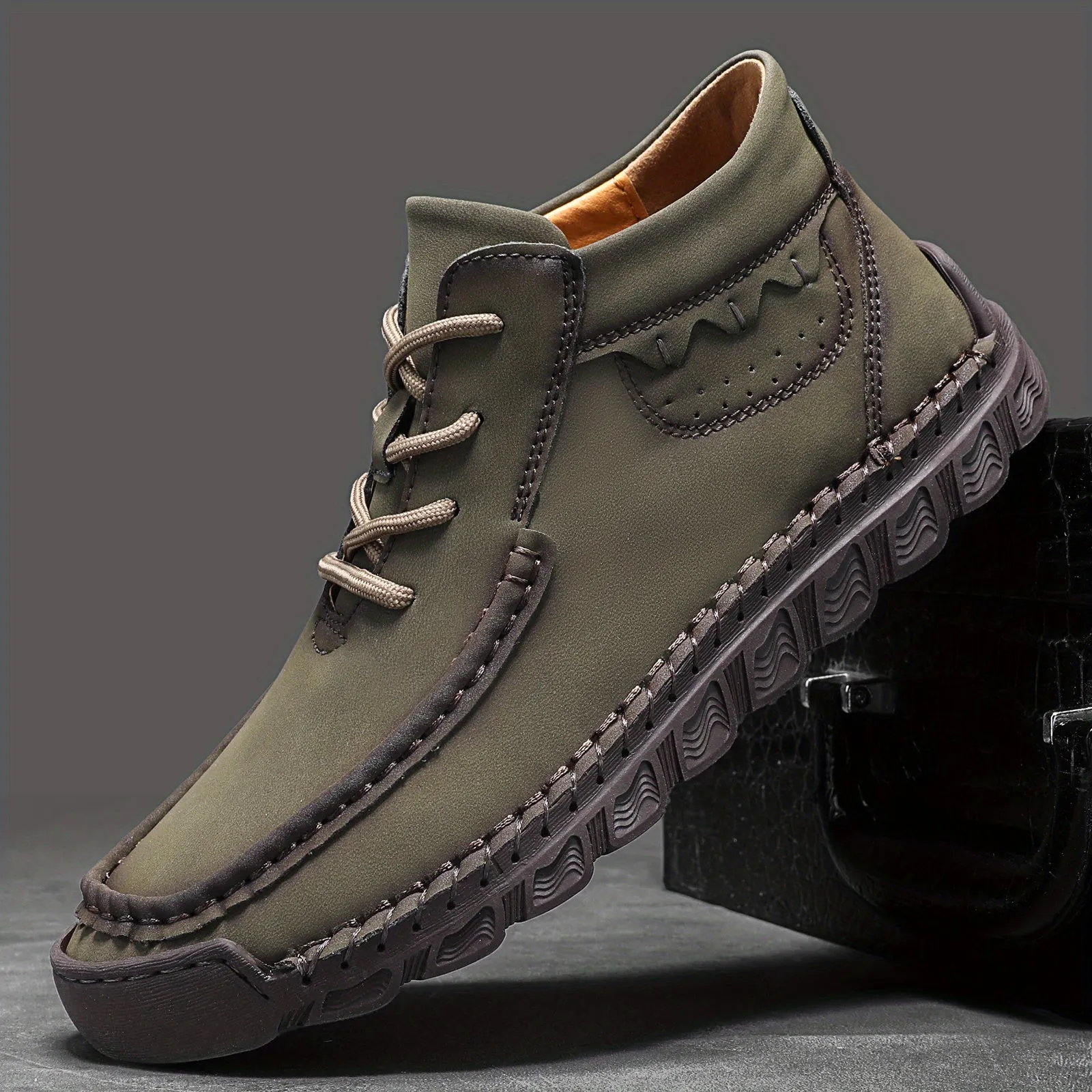 Men's Vintage-Inspired High-Top Boots - Casual Outdoor Work Shoes with Zip Closure, Rubber Sole & Microfiber Lining