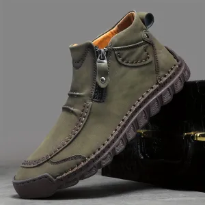 Men's Vintage-Inspired High-Top Boots - Casual Outdoor Work Shoes with Zip Closure, Rubber Sole & Microfiber Lining