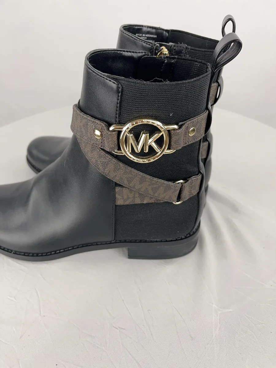 Michael Kors Women's PU Leather Bootie Black Gold MK Logo Size 8.5 NWOB