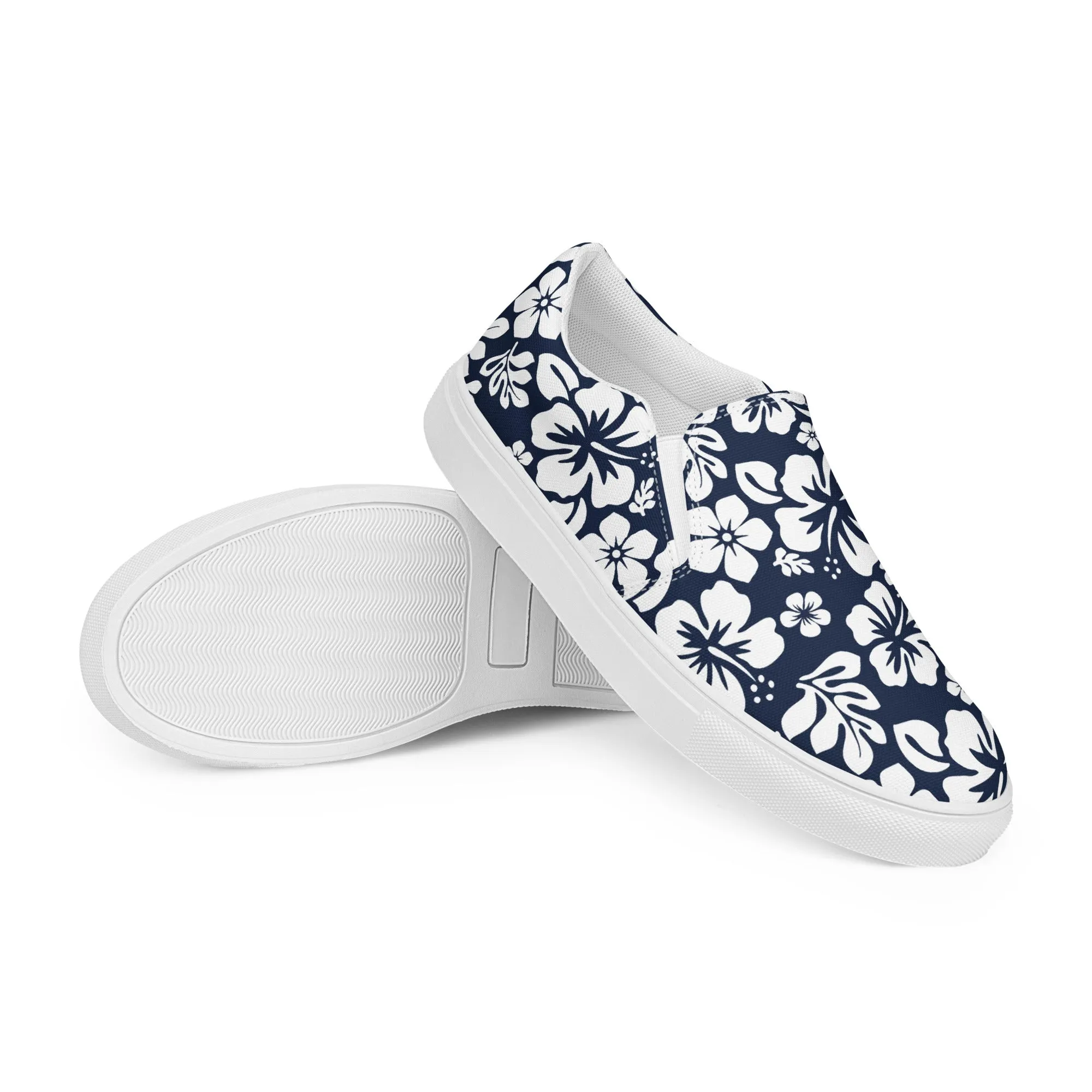 Navy Blue Hawaiian Flowers Men’s Slip On Canvas Shoes