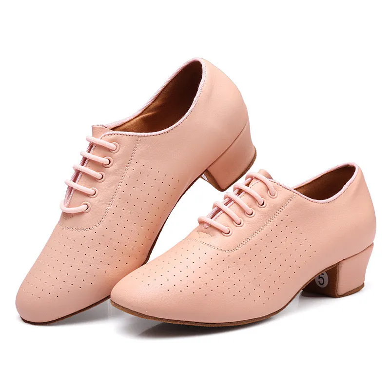 Nina Pink Cuban Heel Leather Dance Practice Shoes with Suede Sole