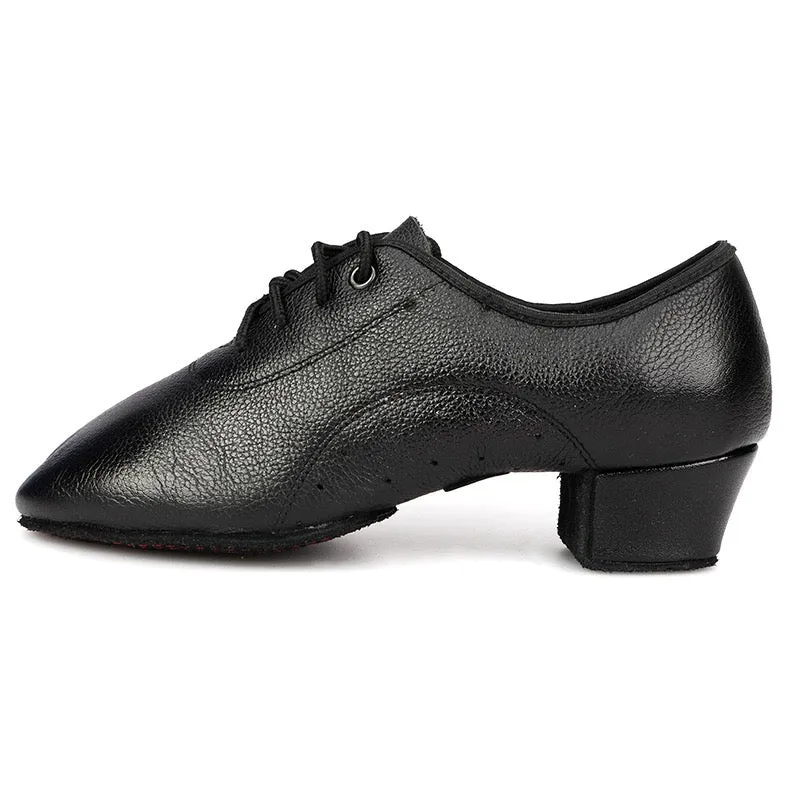 Nindo Black Cuban Heel Leather Dance Practice Shoes with Suede Sole