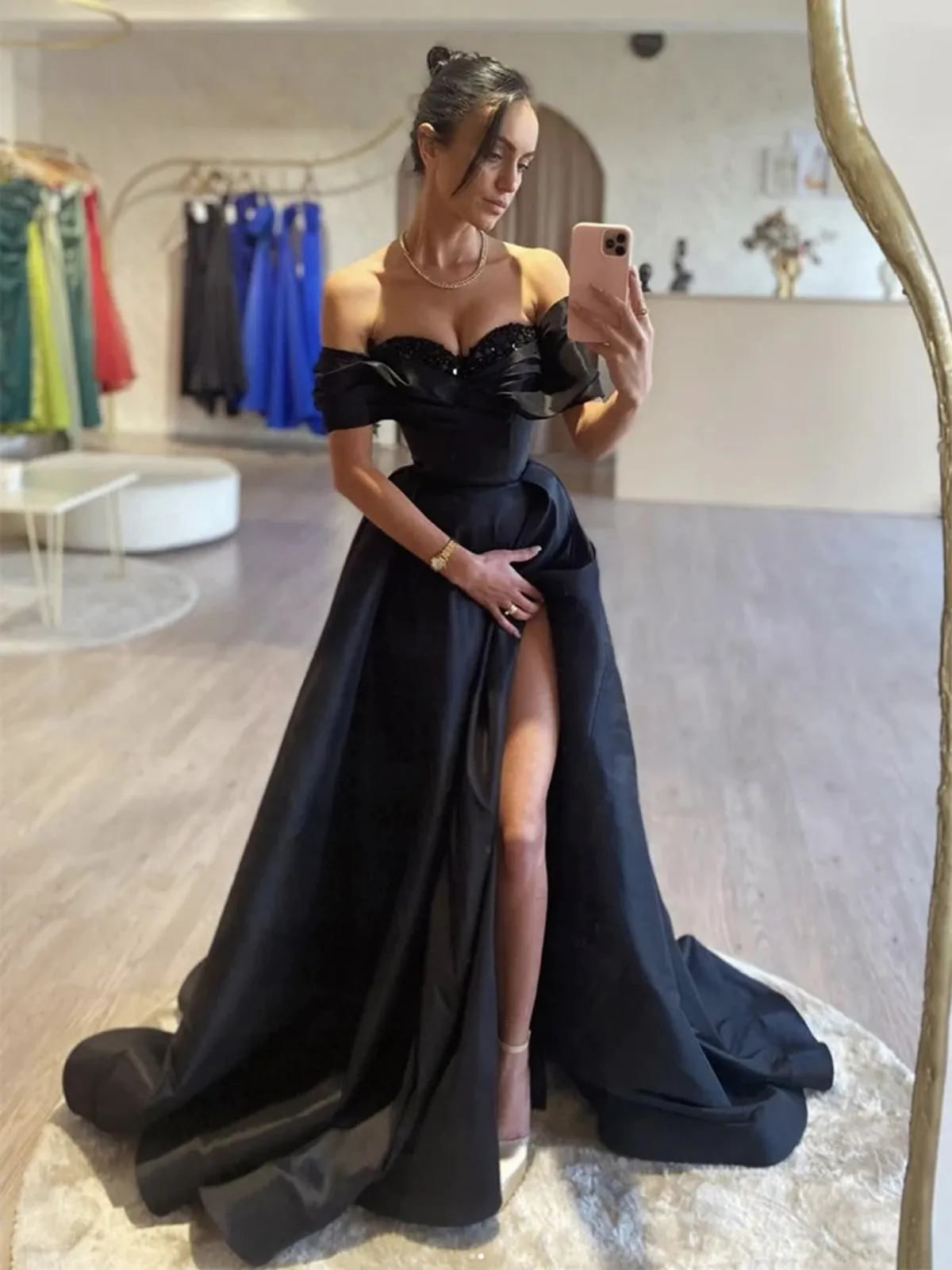 Off Shoulder Black Satin Long Prom Dresses with High Slit