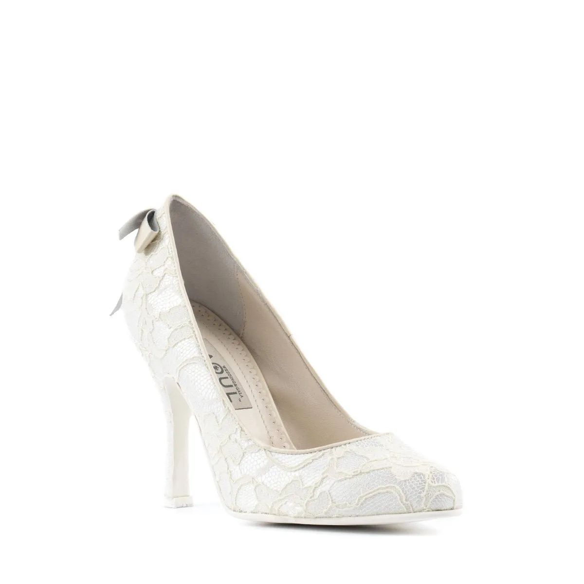 Paoul Corinna Ladies Lace Covered Satin Bridal and Social Dance Shoe with Ivory Leather Bown on Back and Stiletto Heel