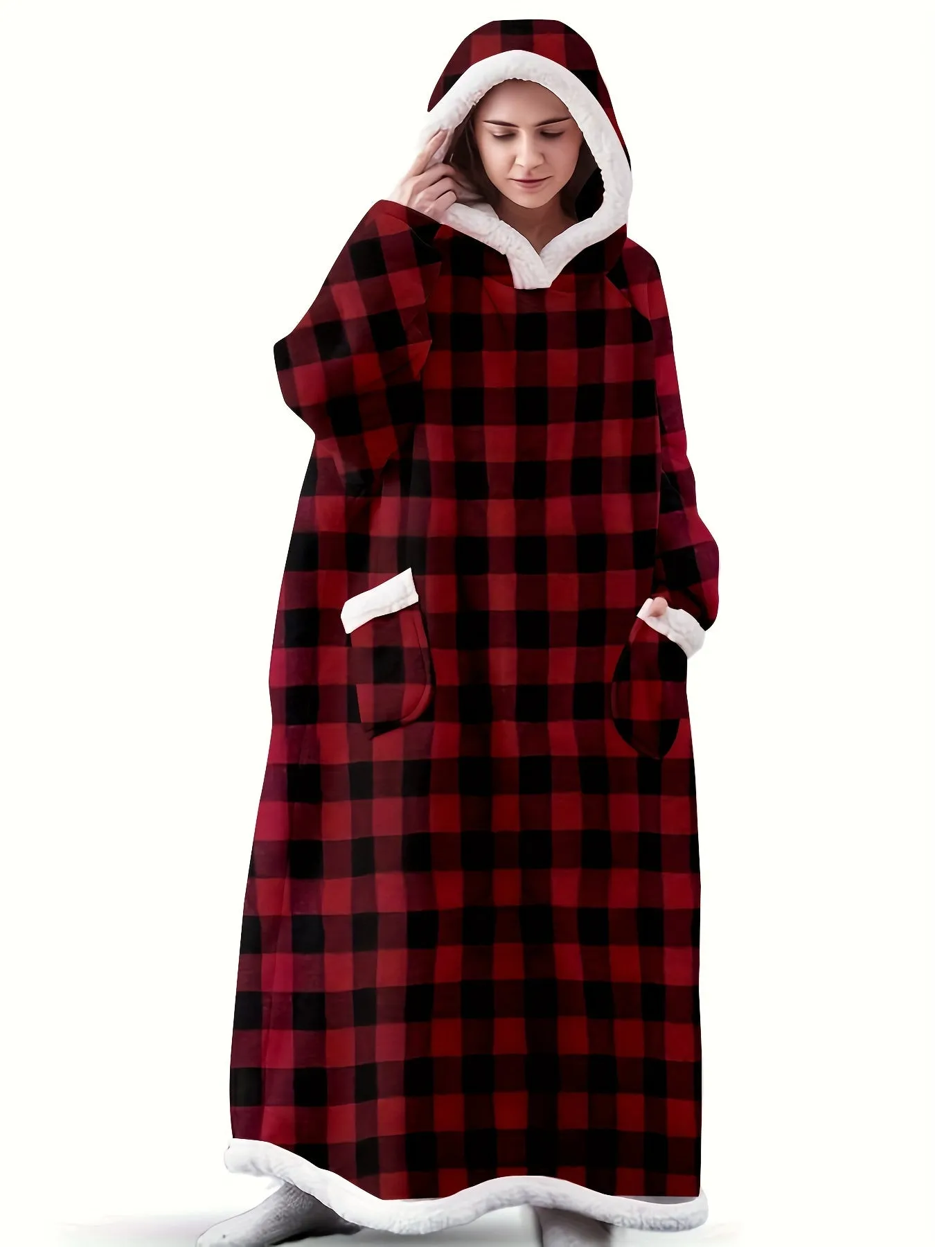 Plus Size Cozy Winter Wearable Fleece Blanket Robe - Soft Flannel Long Sleeve Hooded Design with Pockets for Relaxation - Perfect for Cold Weather Lounging and Outdoor Activities