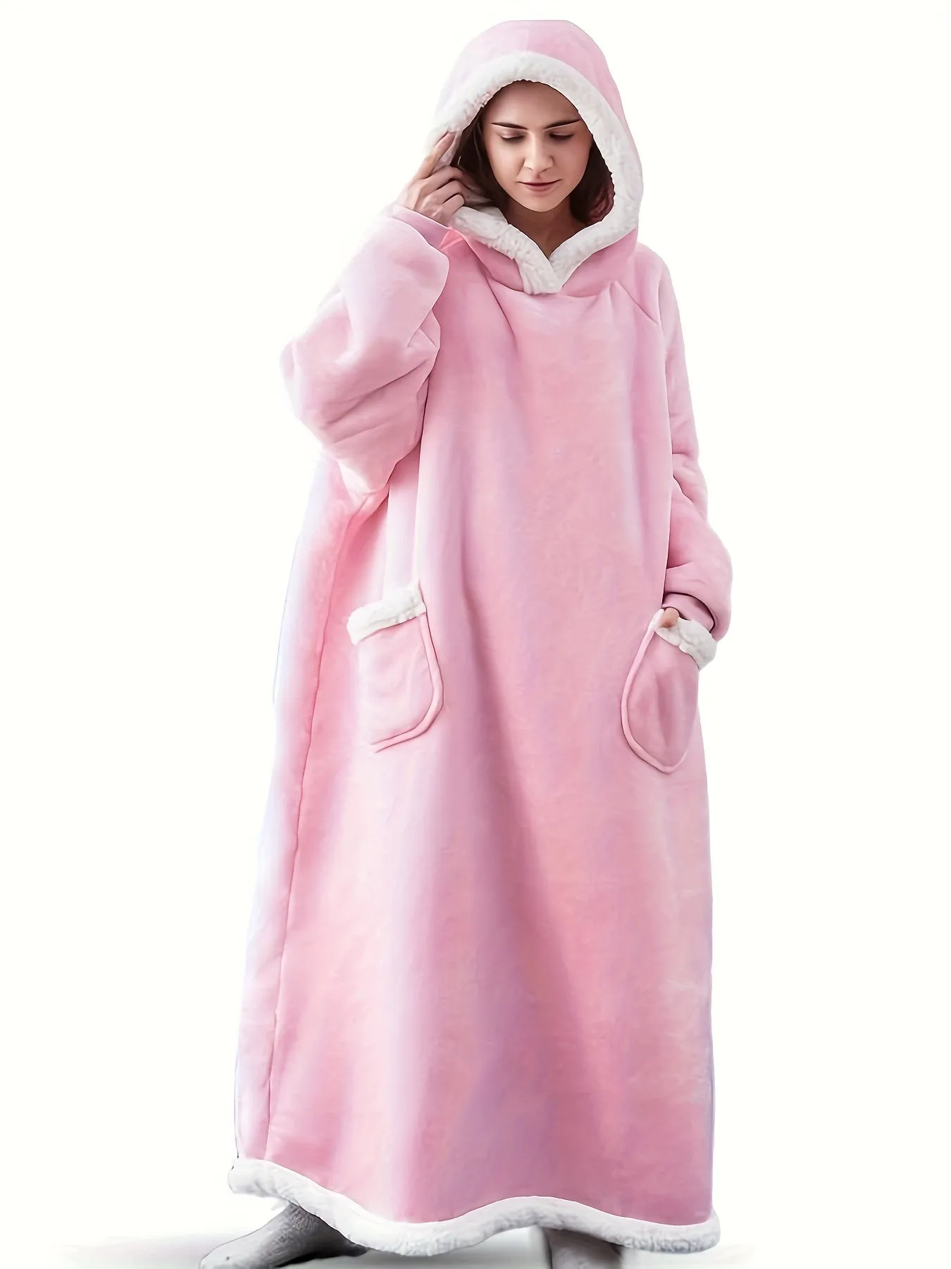 Plus Size Cozy Winter Wearable Fleece Blanket Robe - Soft Flannel Long Sleeve Hooded Design with Pockets for Relaxation - Perfect for Cold Weather Lounging and Outdoor Activities