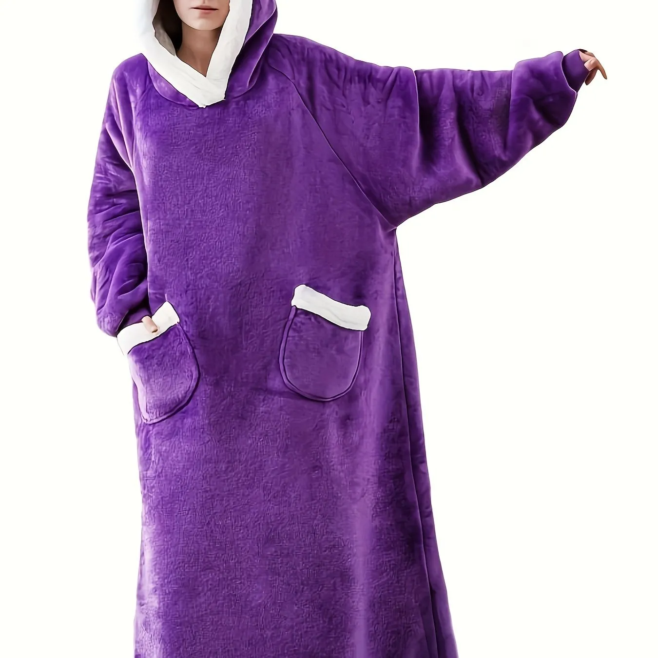 Plus Size Cozy Winter Wearable Fleece Blanket Robe - Soft Flannel Long Sleeve Hooded Design with Pockets for Relaxation - Perfect for Cold Weather Lounging and Outdoor Activities