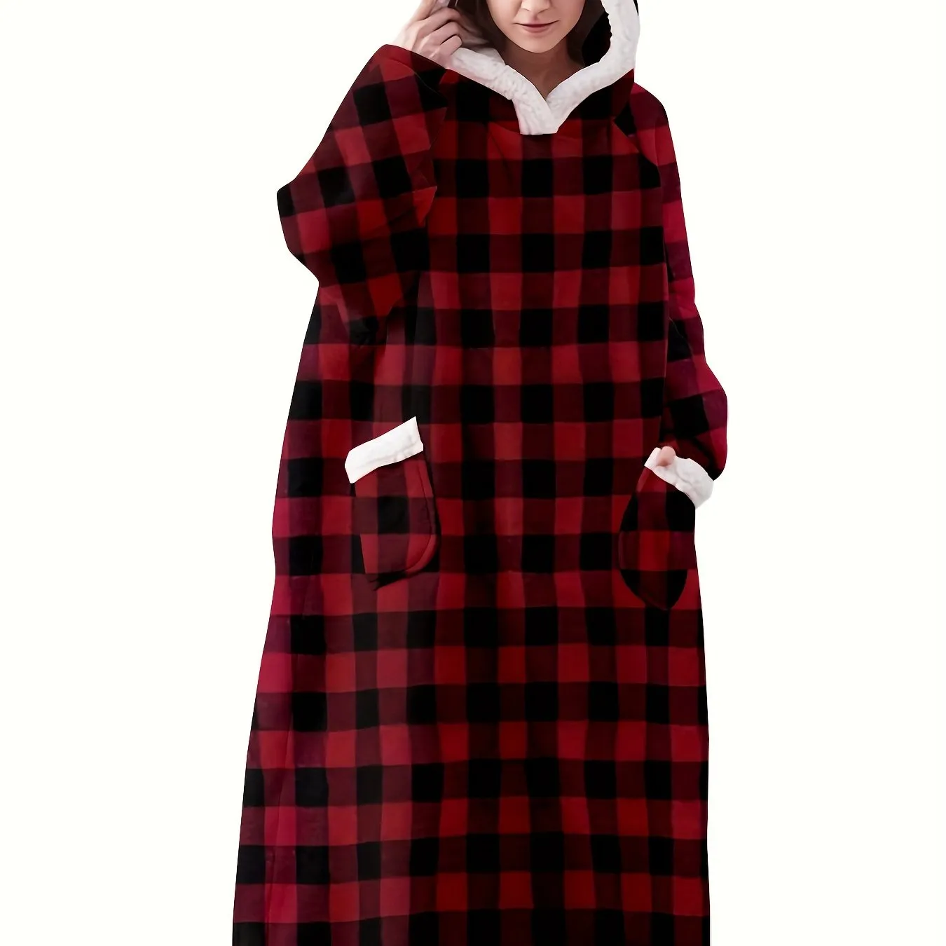 Plus Size Cozy Winter Wearable Fleece Blanket Robe - Soft Flannel Long Sleeve Hooded Design with Pockets for Relaxation - Perfect for Cold Weather Lounging and Outdoor Activities