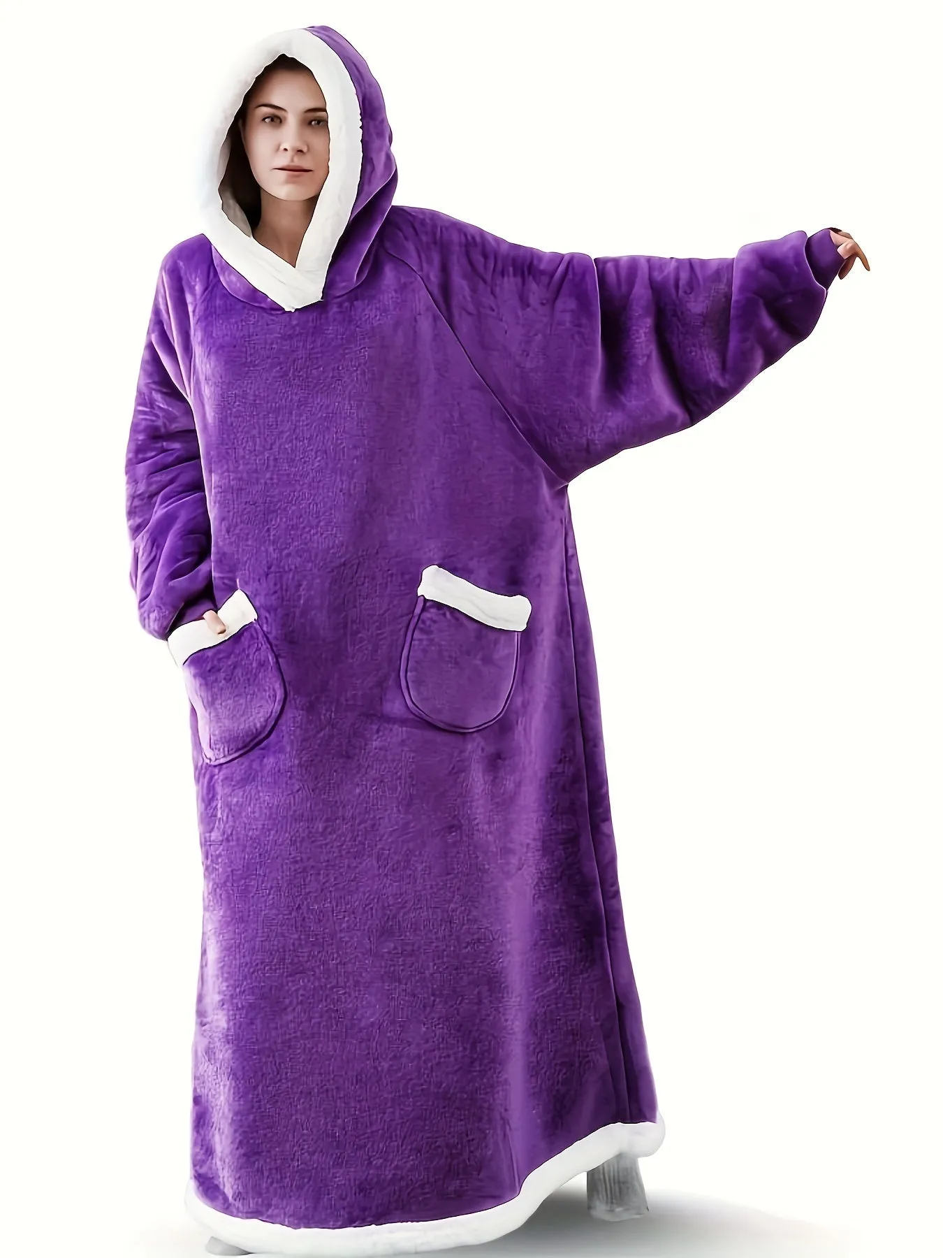 Plus Size Cozy Winter Wearable Fleece Blanket Robe - Soft Flannel Long Sleeve Hooded Design with Pockets for Relaxation - Perfect for Cold Weather Lounging and Outdoor Activities