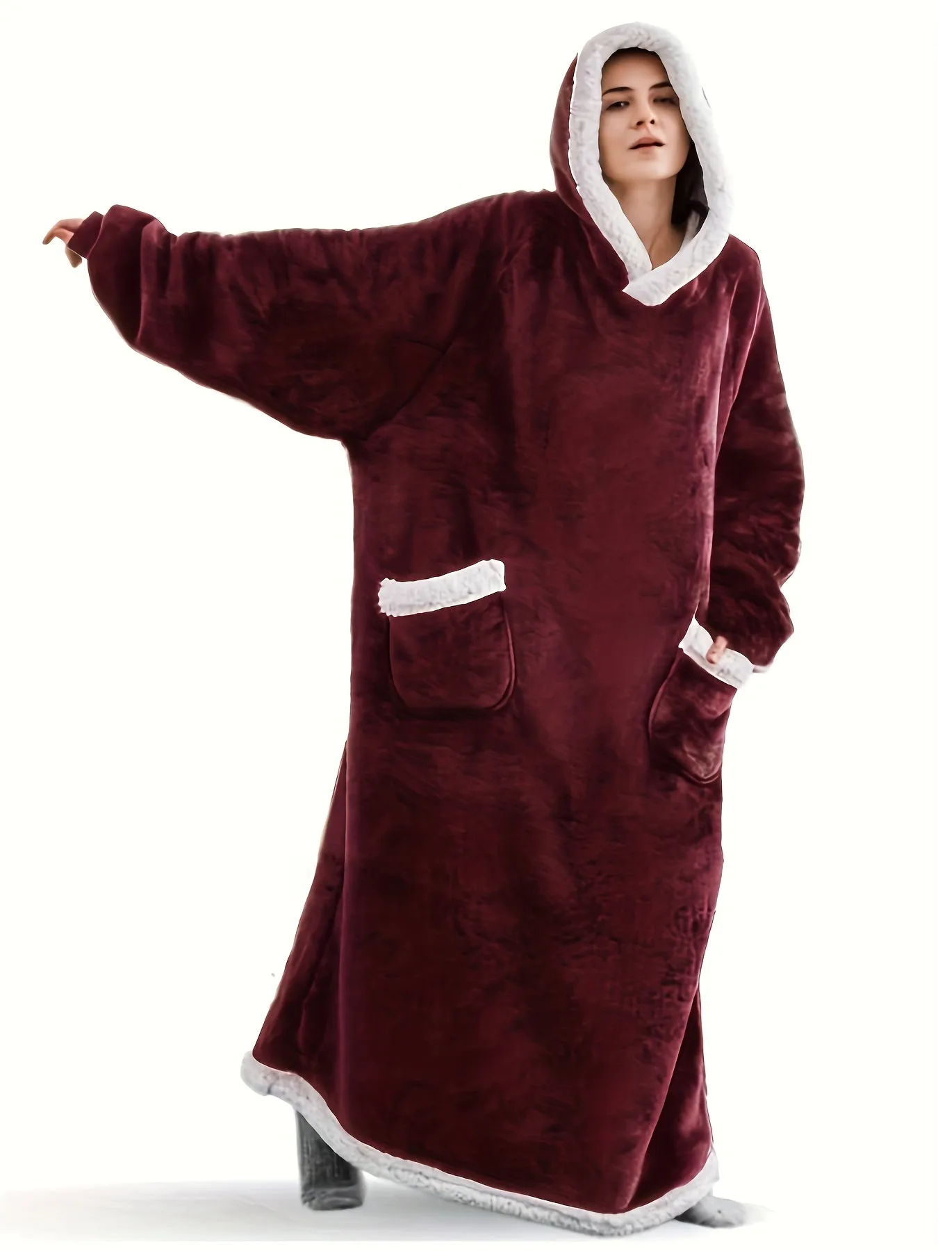 Plus Size Cozy Winter Wearable Fleece Blanket Robe - Soft Flannel Long Sleeve Hooded Design with Pockets for Relaxation - Perfect for Cold Weather Lounging and Outdoor Activities