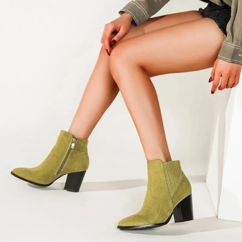 Pointed Toe Block Square Heel Ankle Boots