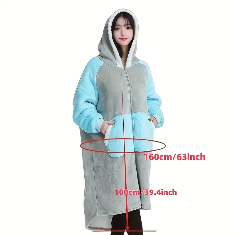 Preppy Style Wearable Blanket with Hood - Patchwork Hypoallergenic Flannel Blanket Sweatshirt, Machine Washable, Knitted Craftsmanship Stitching, 350-400g Fabric Weight, 100% Polyester Oversized Hoodie Blanket for Indoor & Outdoor Use