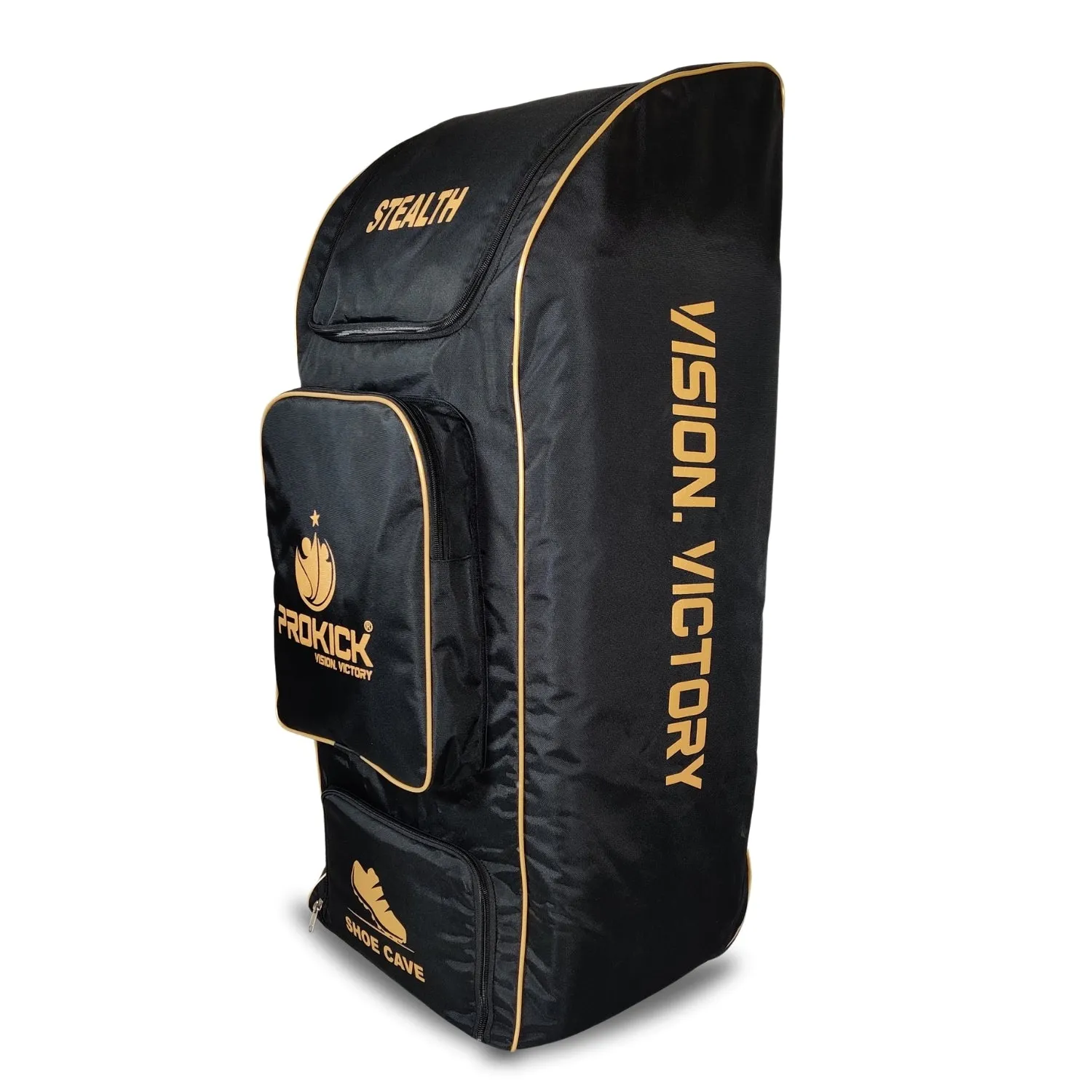 Prokick Stealth 1.0 Wheelie Cricket Kitbag, Black/Gold