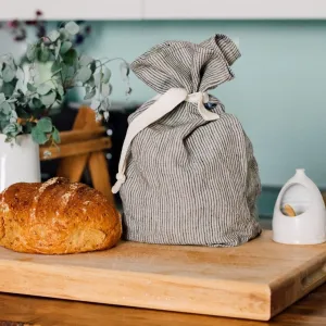 Pure Linen Bread Bag - Dark Blue & Natural Stripes