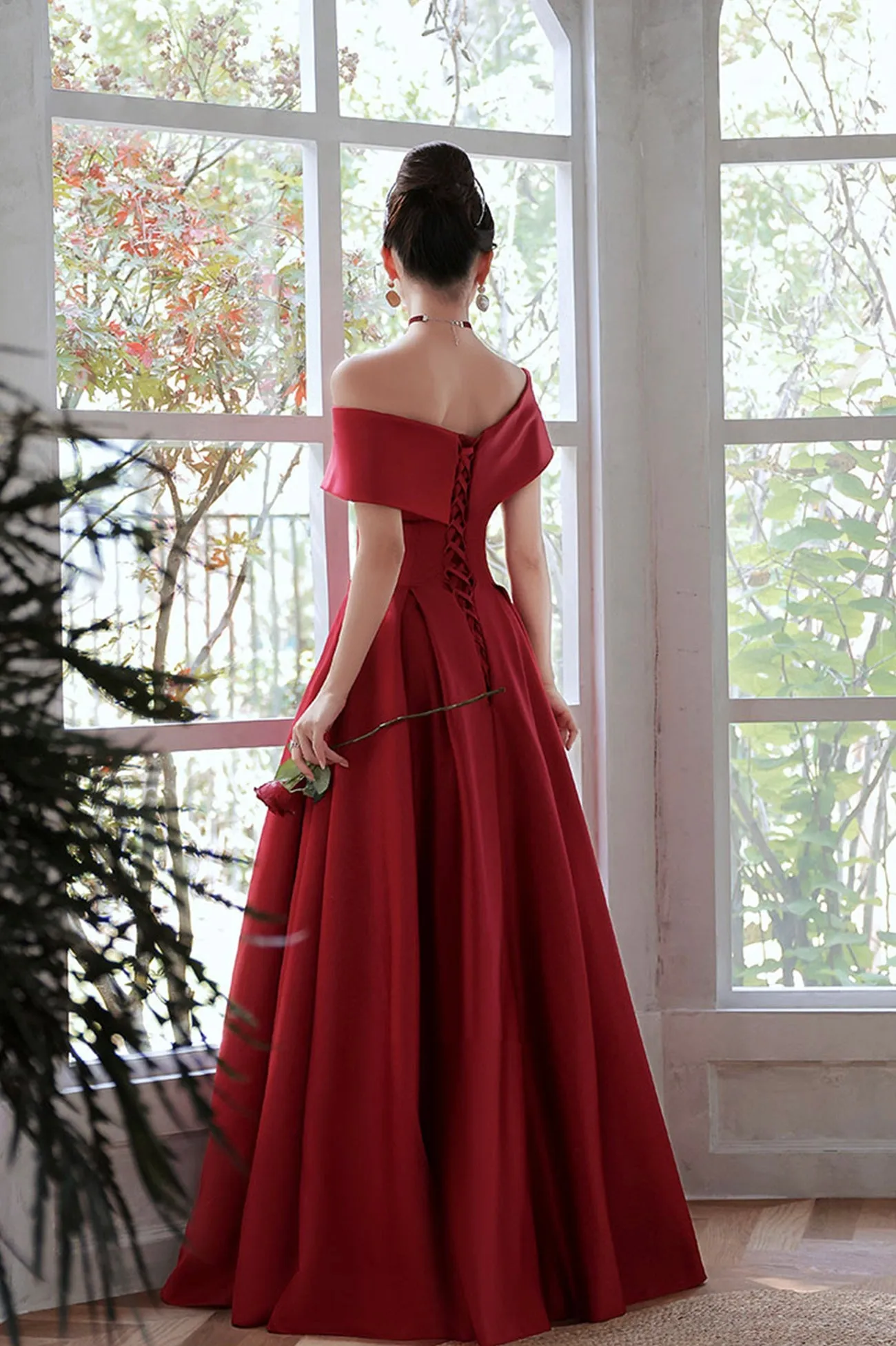 Red Satin A-Line Floor Length Prom Dress,Off Shoulder Evening Dresses with Pocket