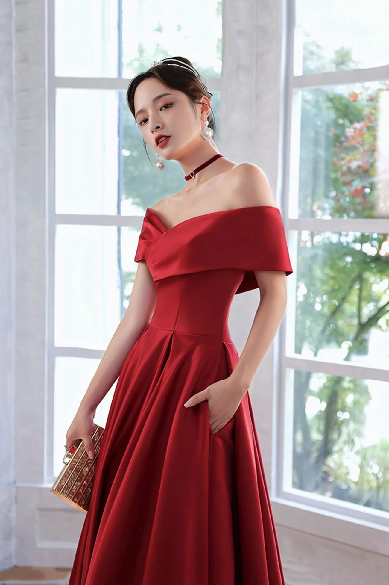 Red Satin A-Line Floor Length Prom Dress,Off Shoulder Evening Dresses with Pocket