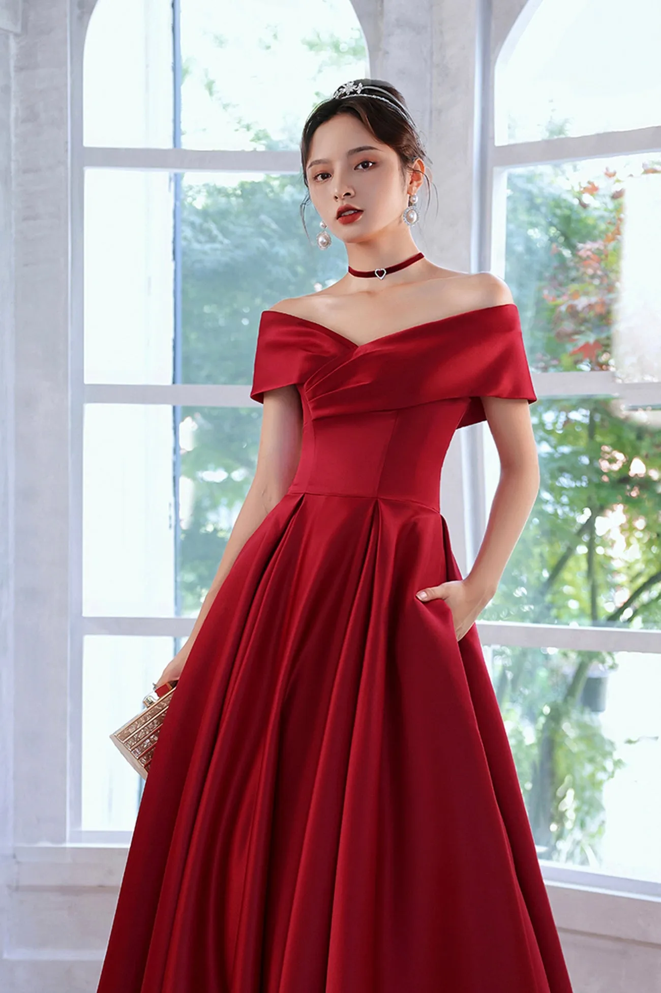 Red Satin A-Line Floor Length Prom Dress,Off Shoulder Evening Dresses with Pocket