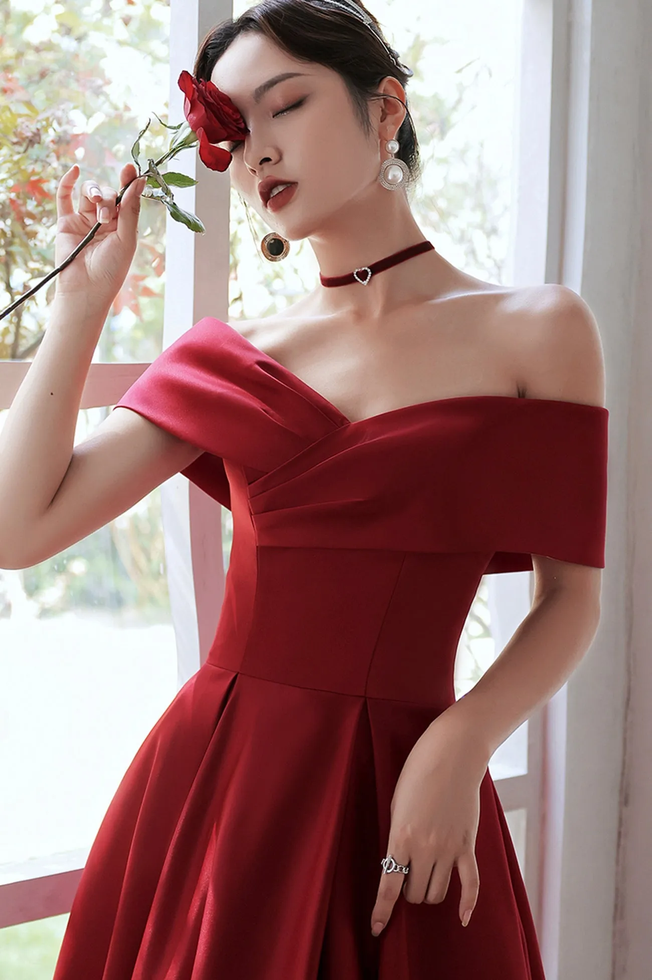 Red Satin A-Line Floor Length Prom Dress,Off Shoulder Evening Dresses with Pocket