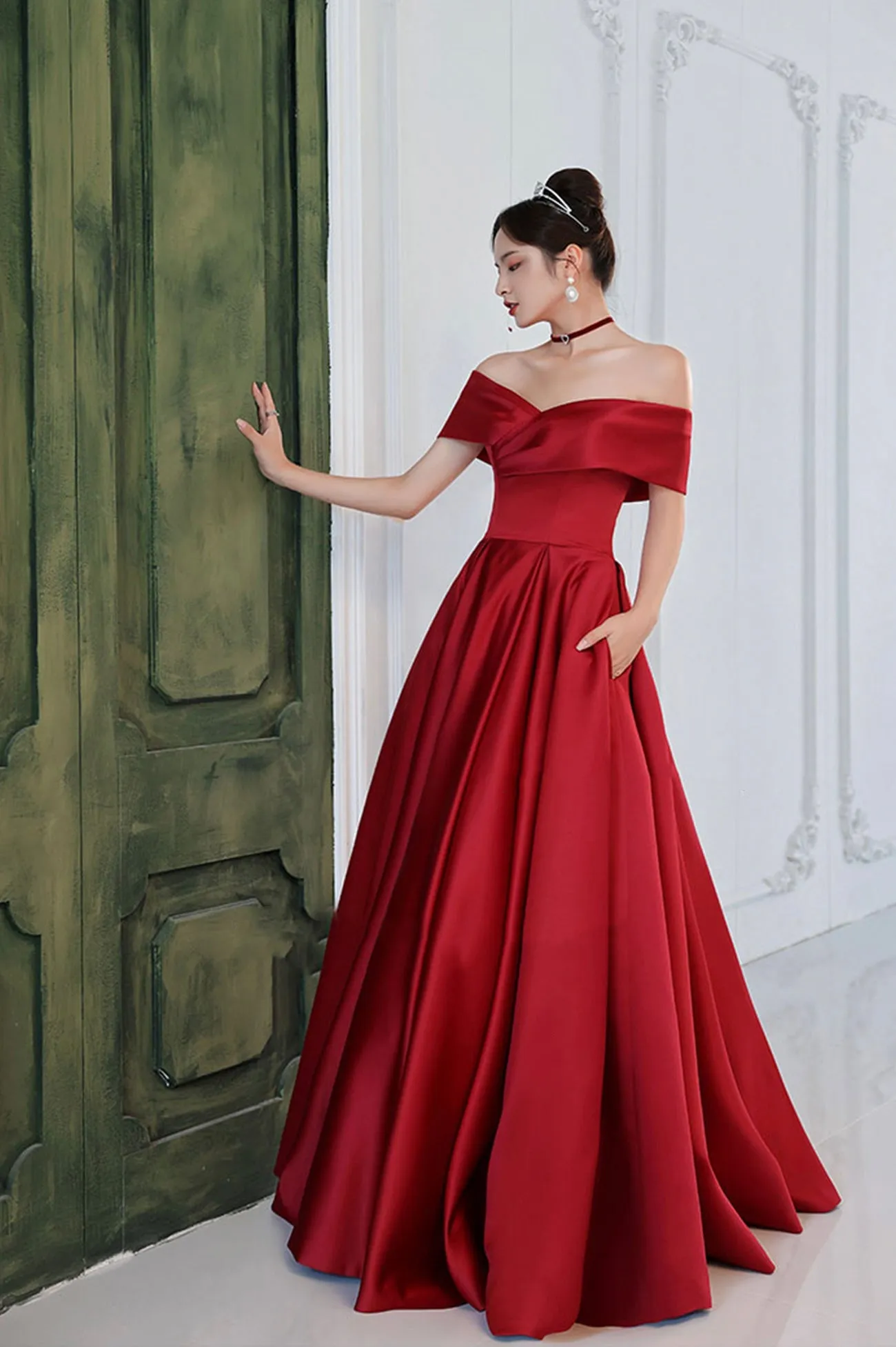 Red Satin A-Line Floor Length Prom Dress,Off Shoulder Evening Dresses with Pocket