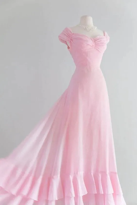 Retro Pink A-line Long Prom Dress Woman Cap Sleeve