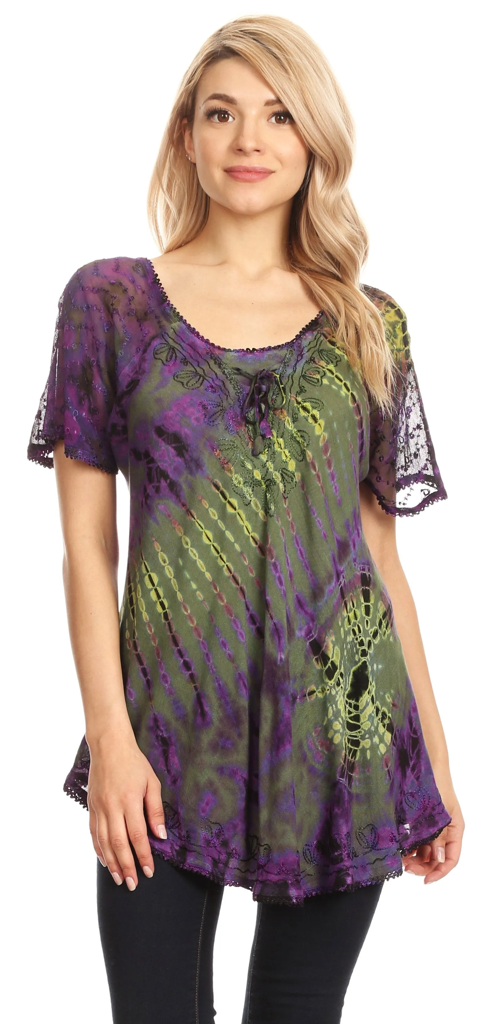 Sakkas Splenka Long Tie Dye Embroidered Corset Neck Cap Sleeve Blouse Shirt Top