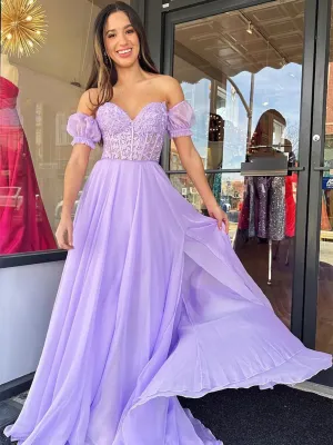 Short Sleeves Lavender Chiffon Prom Dresses,Gala Dresses Elegant