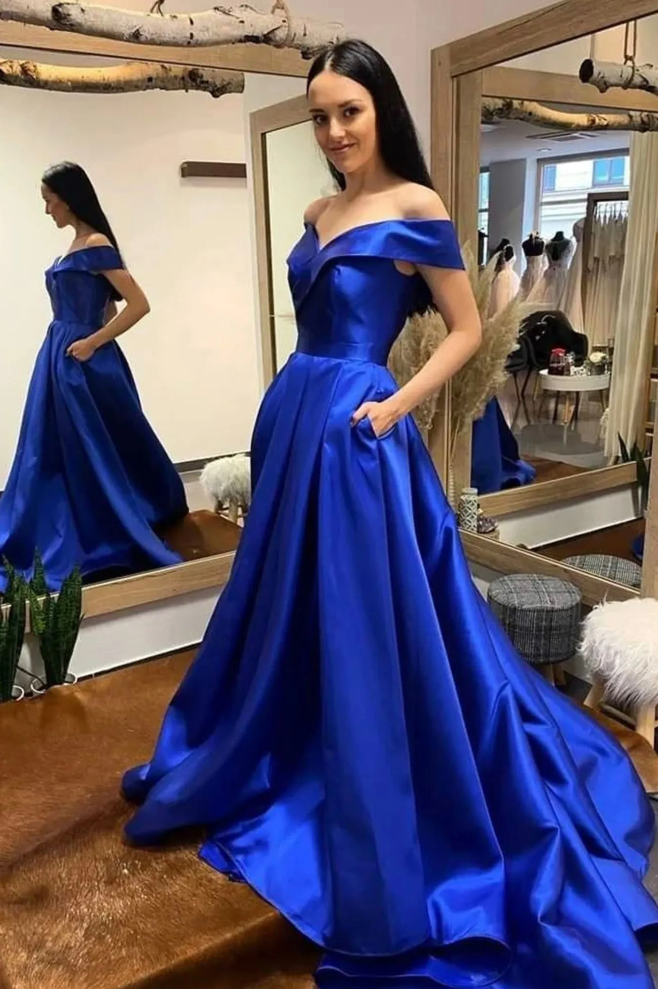 Simple V-Neck Satin Long Prom Dress, Royal Blue Formal Dresses