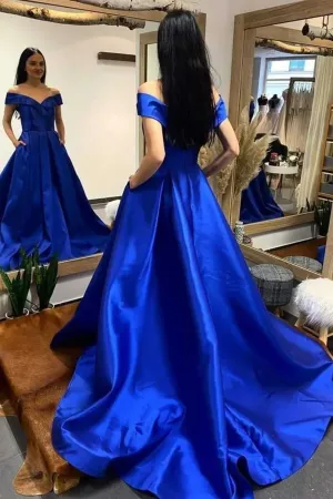 Simple V-Neck Satin Long Prom Dress, Royal Blue Formal Dresses