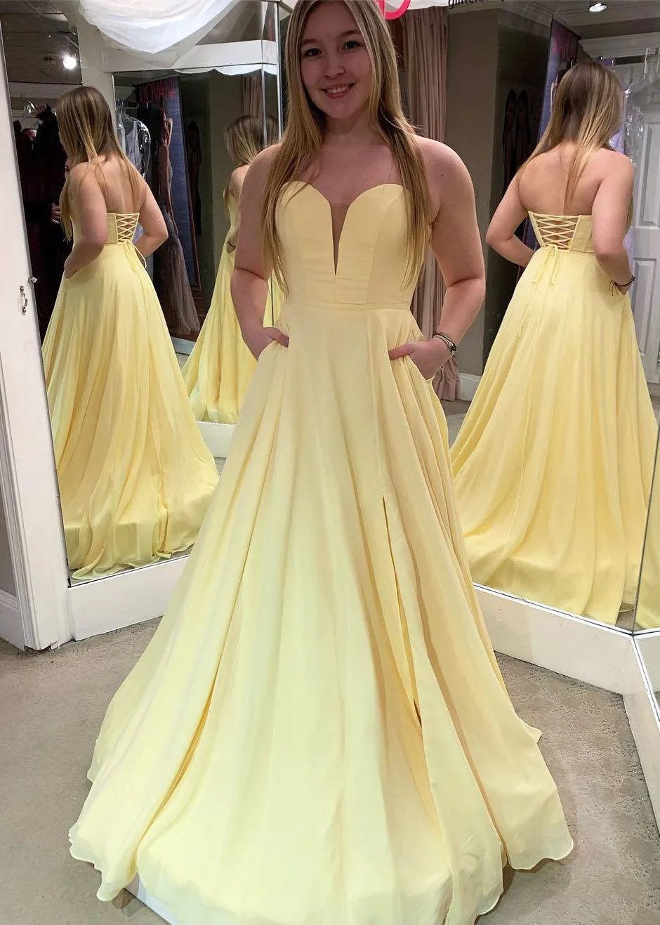 Simple Yellow Long Prom Dress with Pockets,Lace Up back Graduation Dresses