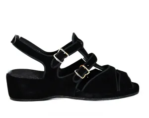 Size 4.5 Black 1940s Casual Sandals - 40s Peep Toe Suede Shoes - Small Size 4 1/2 Open Toe Platform - Buckle Strap Wedges - NOS Deadstock