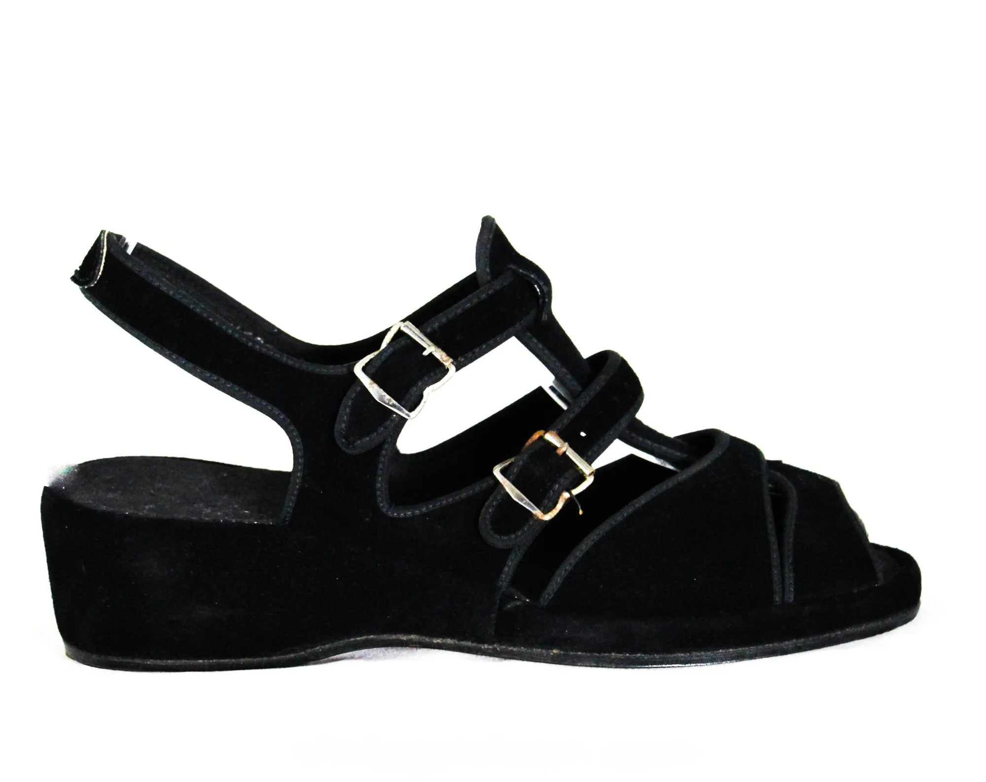 Size 4.5 Black 1940s Casual Sandals - 40s Peep Toe Suede Shoes - Small Size 4 1/2 Open Toe Platform - Buckle Strap Wedges - NOS Deadstock